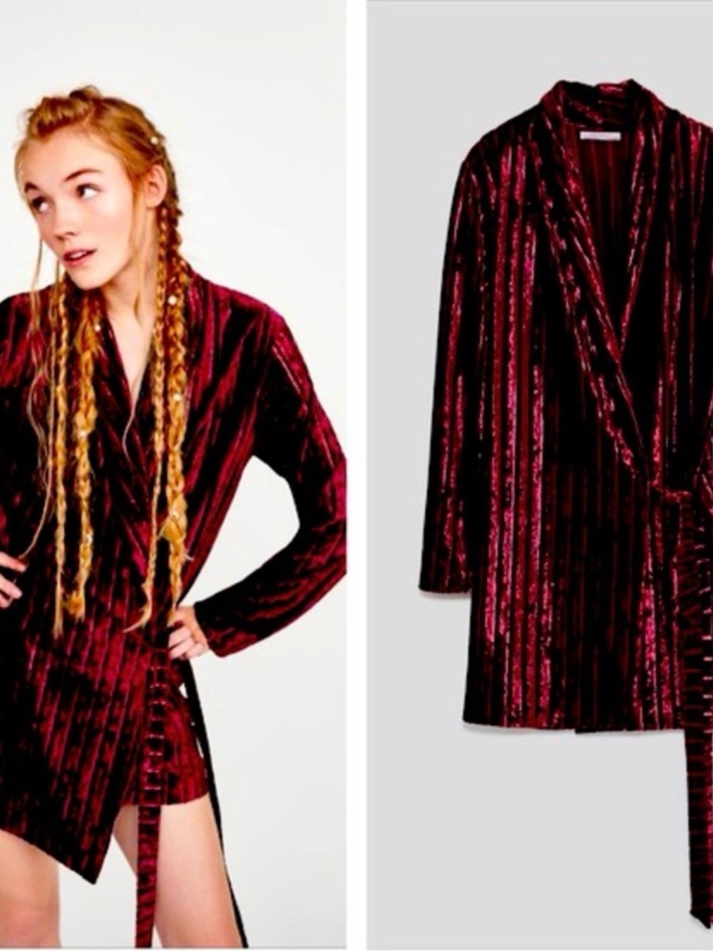 Zara Wine Velvet Striped Wrap Robe